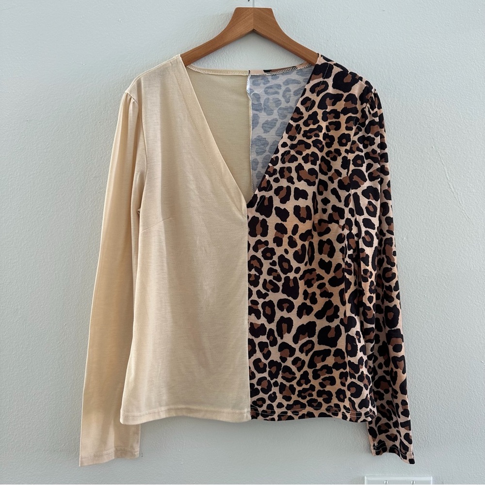 Two-Tone Cheetah Print & Cream Split Top Medium Long Sleeve Colorblock Blouse